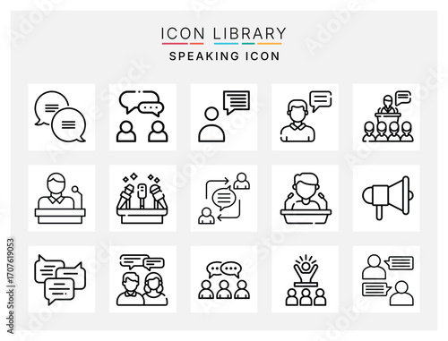 Speaking Icon Pack Featuring Communication, Public Speaking, Debate, Teamwork, and Conversation Symbols for Business and Education