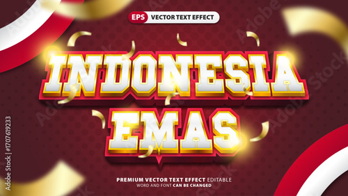 3D Indonesia Emas Text Effect with Celebratory Graphic Elements.