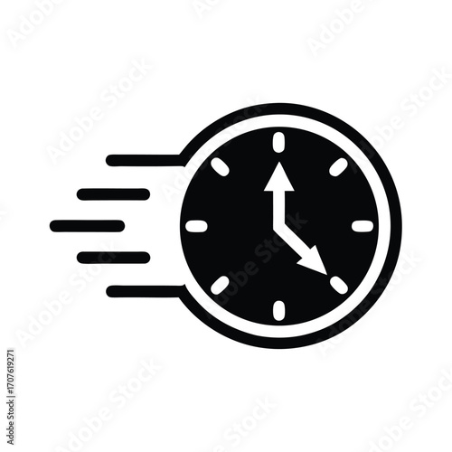 Black clock icon shows accelerated time with motion blur lines indicating speed