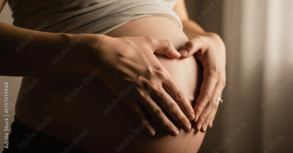 Fototapeta premium A tender moment, a pregnant woman's hands delicately form a heart on her belly, cradling the precious life within. A soft, intimate, warm glow bathes the scene.