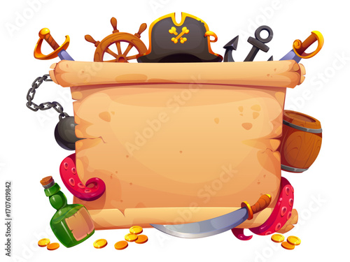 Vintage scroll parchment with pirate hat, sabres, ship anchor and steering wheel, rum bottle, golden coins, barrel and octopus tentacles. Blank cartoon vector template for invitations or treasure maps