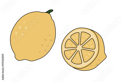 Fresh yellow lemon with sliced cross section citrus fruit for healthy food and beverage concept illustration