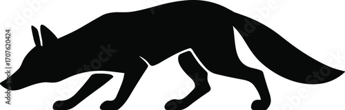 inimal vector silhouette, stalking fox crouched low head forward, side view, solid black
