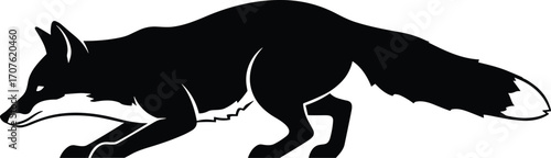 inimal vector silhouette, stalking fox crouched low head forward, side view, solid black
