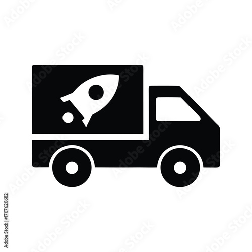 Black delivery truck transports a white rocket ship, showing rapid shipping and delivery service