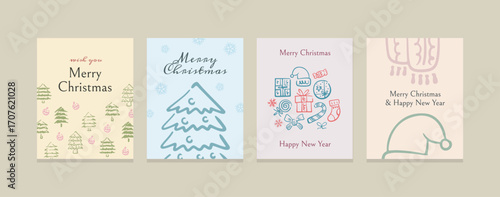 Set of Christmas Card or Feed with Pine tree, Snowman, wreath, Santa Hat. Xmas Elements Vector illustrations