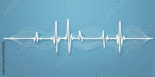Vector illustration of a healthy heartbeat on a blue background showing a cardiogram and a pulse line