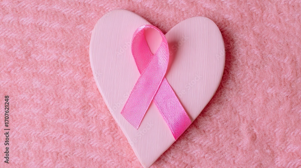 Fototapeta premium Pink Ribbon Placed in a Heart-Shaped Design: Symbolic Pink Ribbon in Heart Shape, Soft Pink Ribbon Arranged in Heart-Shaped Form—Meaningful Decoration for Breast Cancer Awareness & Loving Occasions
