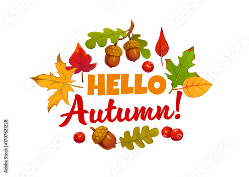 Hello autumn season quote with orange and green oak and maple leaves, acorns and red berries. Cheerful and festive welcome to the fall season. Cartoon vector greeting card with seasonal autumnal vibe