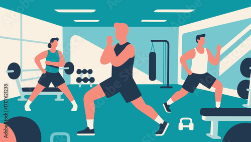 Doing warm-up exercises in the gym, hand-drawn vector illustrations