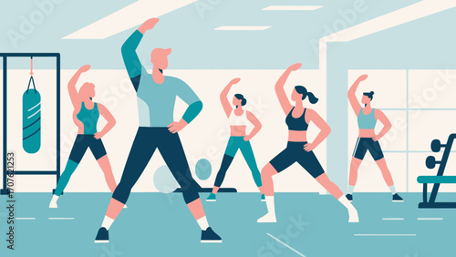 Doing warm-up exercises in the gym, hand-drawn vector illustrations
