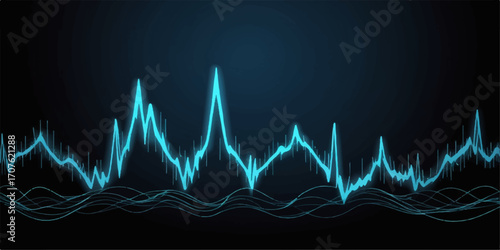 A sound wave background with a blue heartbeat pulse on a monitor, representing medical technology and health