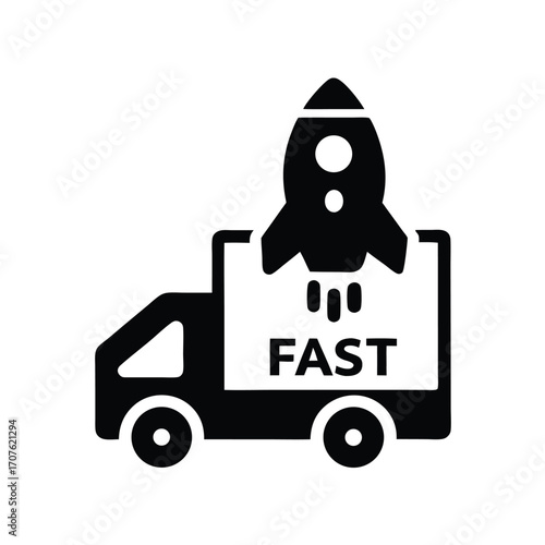 Black delivery truck with a rocket atop implies quick transport service is now available
