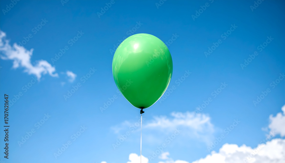 Fototapeta premium Bright green balloon floating against a vivid blue sky with soft clouds, symbolizing freshness, lightness, and freedom.