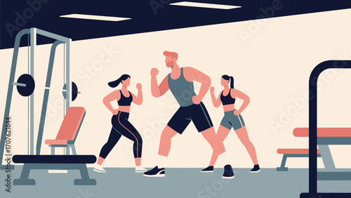 Doing warm-up exercises in the gym, hand-drawn vector illustrations