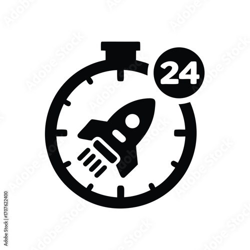 Black icon of a clock displaying a rocket inside with 24 hours