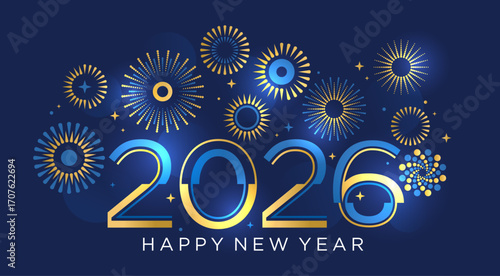 "2026 Happy New Year Celebration with Fireworks and Golden Blue Design"