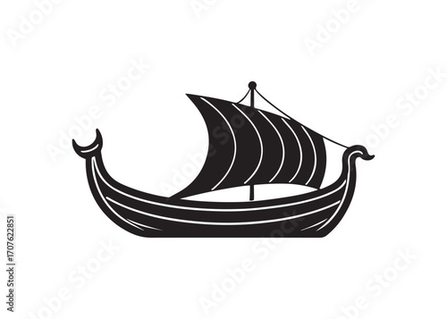 Stylized Black and White Viking Longship Illustration; Nautical, Dramatic, and Bold Graphic Design.