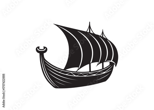 Stylized Black and White Viking Longship Illustration; Nautical, Dramatic, and Bold Graphic Design.