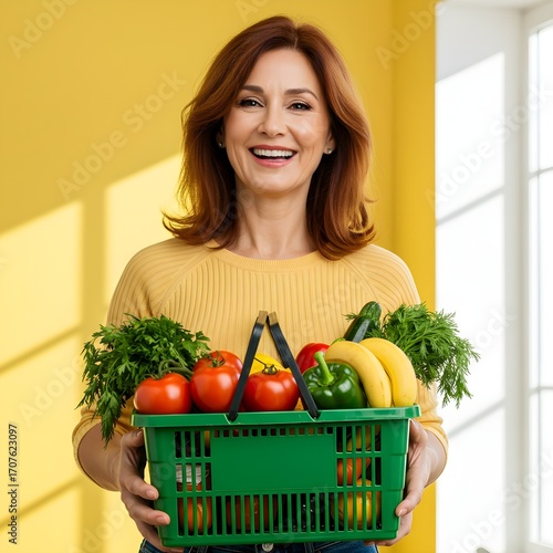 Woman holding a green shopping basket filled with fresh fruits and vegetables on a bright yellow background, healthy lifestyle and grocery concept.