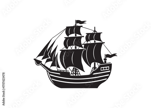 Black and White Vintage Galleon Ship Illustration; Nautical, Maritime,  Exploration Theme; Dramatic, Bold Graphic Design.