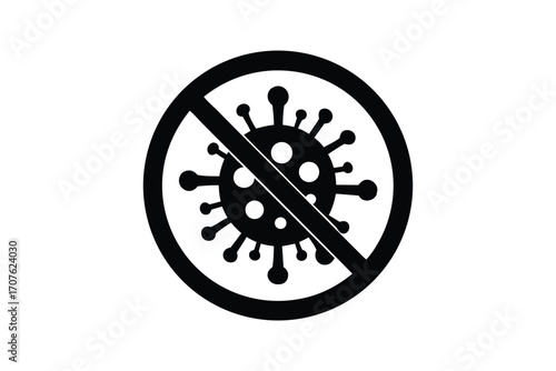 Black microbe with projections lies within a no symbol, indicating stop virus