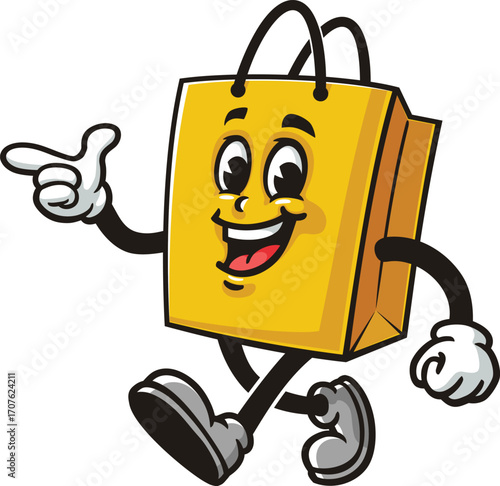 Cartoon mascot of shopping bag is walking and finds an idea