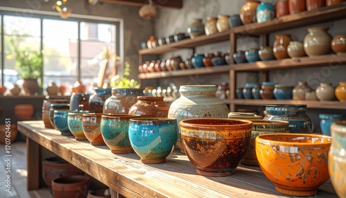 Wallpaper Mural A display of colorful handcrafted pottery bowls and vases on a rustic wooden table, showcasing a variety of vibrant hues and textures. Torontodigital.ca