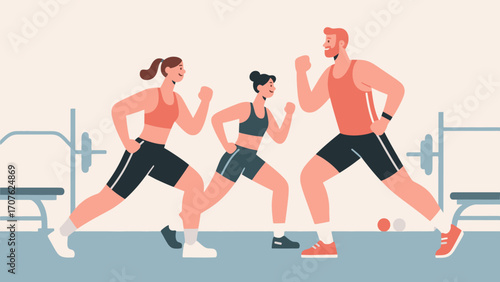 Doing warm-up exercises in the gym, hand-drawn vector illustrations