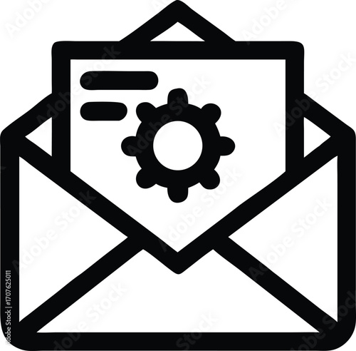 Black open mail icon reveals document with gear and lines design