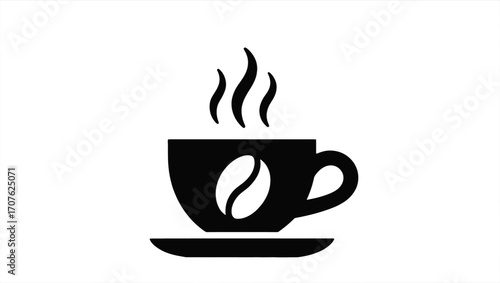 Elegant Coffee Cup Illustration with Steam and Coffee Bean Detail on Black Background Minimalist and Artistic Design
