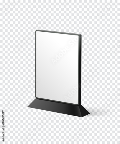 Table tent mockup. Plastic and acrylic table talker, promotional upright menu table tent sign holder, table menu card display stand picture frame for mock up and template design. Desktop advertising