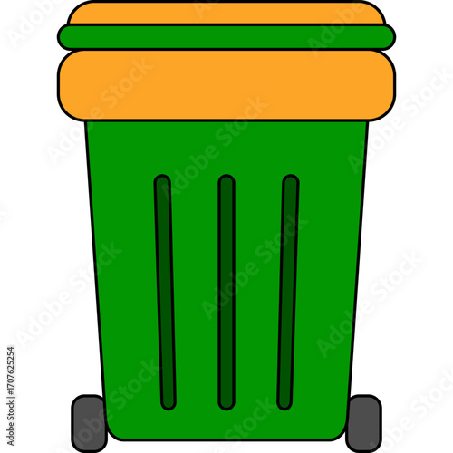 Green and orange wheeled garbage bin, perfect for cleanliness, recycling, and waste management visuals.