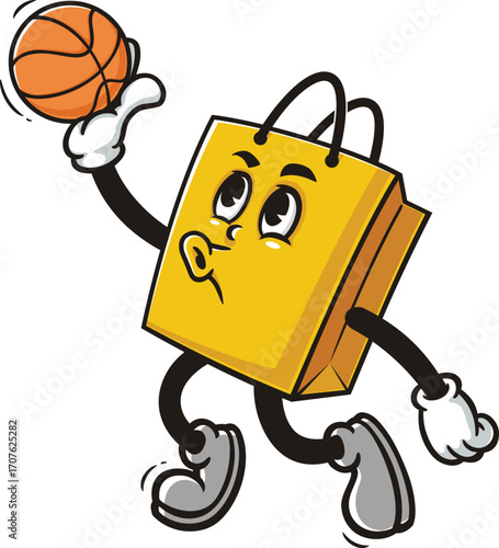 Cartoon shopping bag mascot playing slam dunk basketball