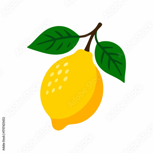 A fresh yellow lemon with two leaves and a stem.