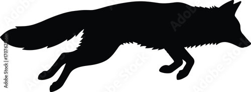 Minimal vector silhouette, leaping fox pounce arc, forelegs tucked, side profile, solid black