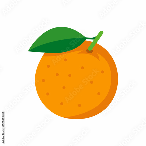 A fresh orange with a green leaf and a stem.