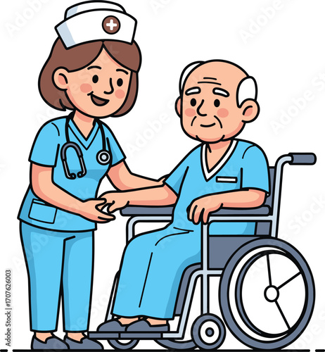 Cartoon nurse helping elderly man in wheelchair, professional caregiver support, senior healthcare service, elderly patient medical assistance illustration