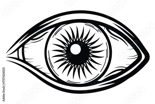 Black ink stylized eye has sharp iris design and thick outlines on white