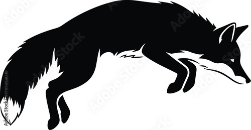 Minimal vector silhouette, leaping fox pounce arc, forelegs tucked, side profile, solid black