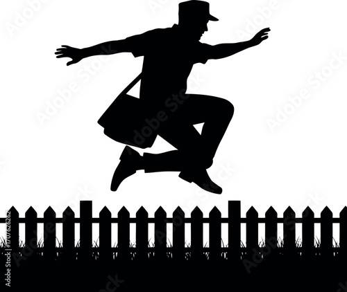 Vector art of silhouette of a mailman jumping over a fence transparent background