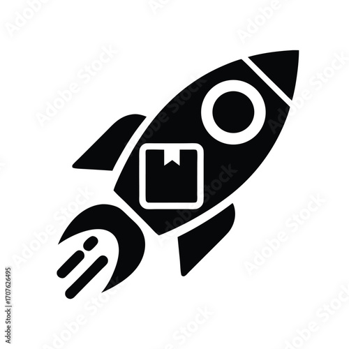 Black rocket carries parcel quickly with flames shooting out, a symbol for rapid distribution