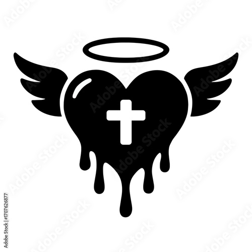 Black dripping heart with wings halo and cross symbolizing faith, purity, and eternal love