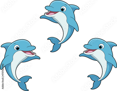 Cute cartoon dolphins jumping and playing together, cheerful blue sea animals, perfect for children's books, ocean themes, and marine wildlife illustrations.