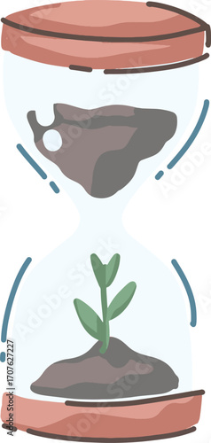 Time's passage and growth represented by an hourglass with a plant growing.