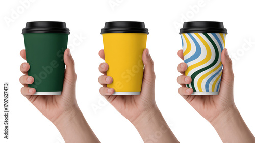Hand holding vibrant paper coffee cups mockup for branding promotion
