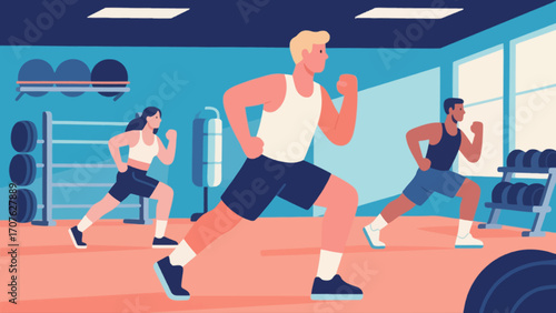 Doing warm-up exercises in the gym, hand-drawn vector illustrations