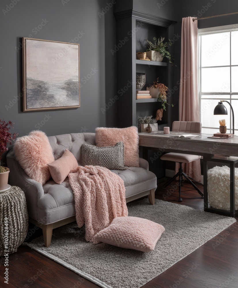 Fototapeta premium Cozy corner office with blush accents.