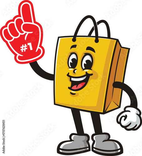 Cartoon shopping bag mascot holding a giant foam finger