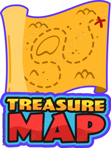 Pirate treasure map vintage Y2K sticker or symbol. Corsair treasure hunting Y2K patch, pirate sailing retro vector sticker. Filibuster nautical vintage tag or label with paper map and typography